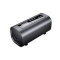Electric high-pressure tyre inflator pump with digital display, long black hose, and tyre pressure gauge on a grey background