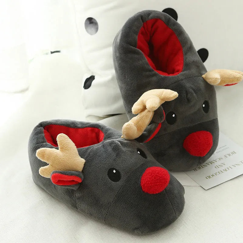 Grey Christmas elk home slippers with super soft fleece upper and point bottom sole, unisex sizes 36-41