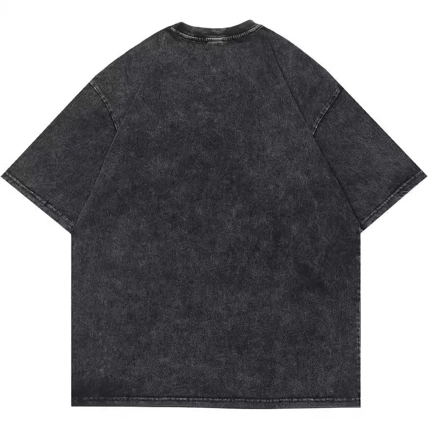 Retro cotton-padded cartoon print t-shirt in washed black with loose fit and short sleeves for street hip hop style