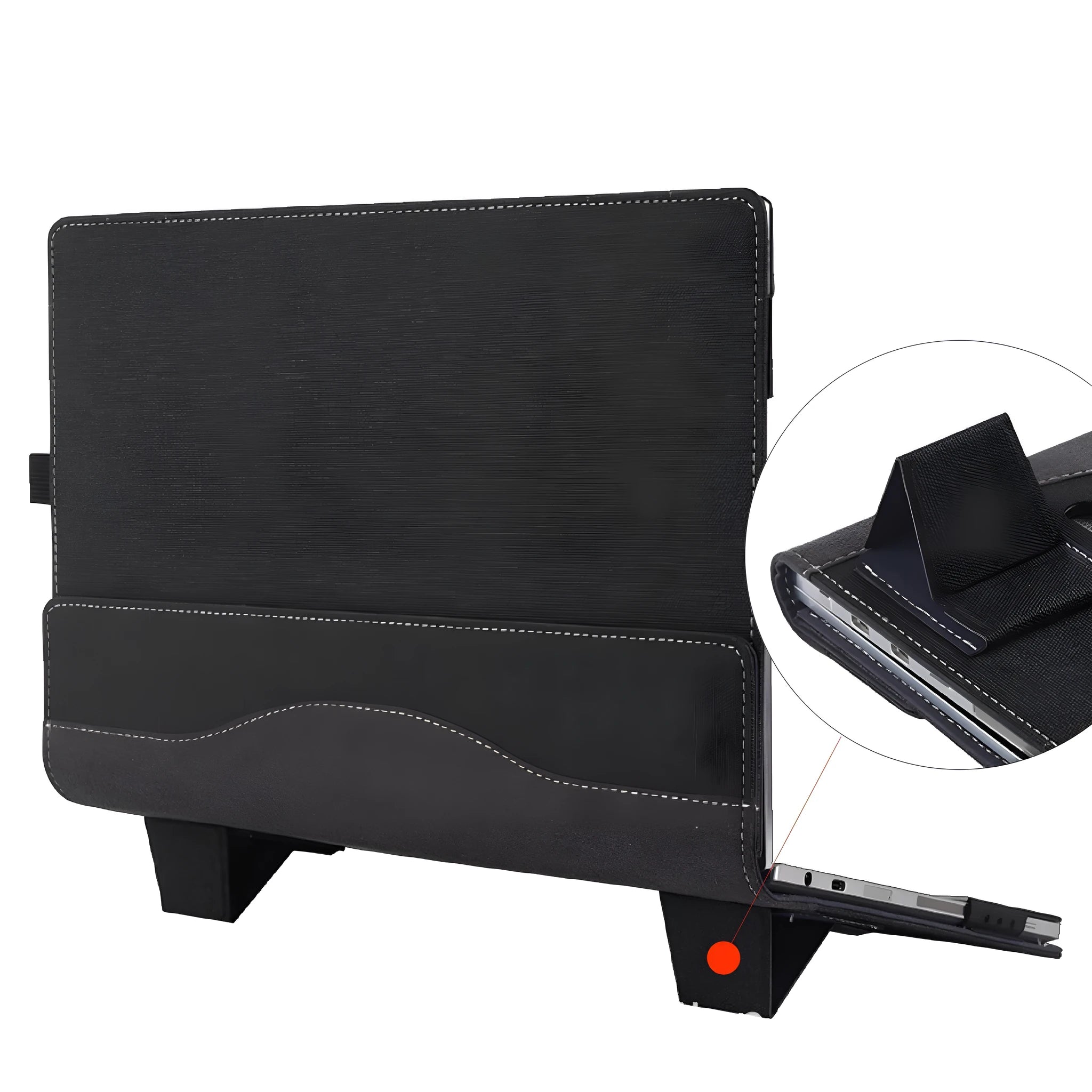 Black imitation leather laptop protective sleeve with Chinese design and a carrying bracket.