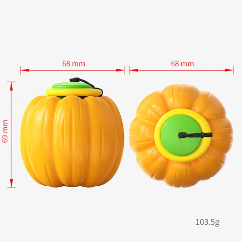 Green, orange, and yellow pumpkin-shaped dog ball toy with squeaker for small breeds, measuring 69x68x68mm