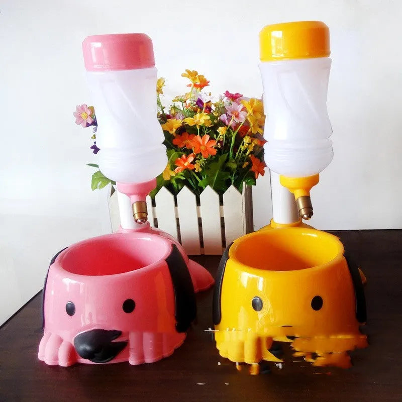 Adjustable rod lifting pet drinking bowl showing height mechanism and available pink, blue, yellow colour options