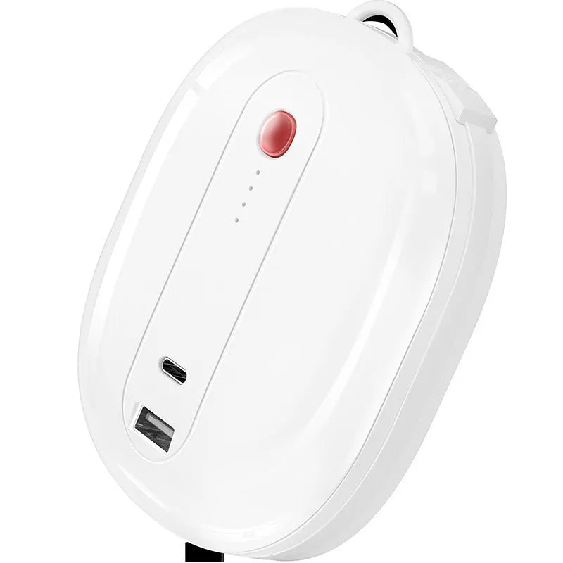 White and black two-in-one power bank with plug showing compact 92x108x30mm dimensions
