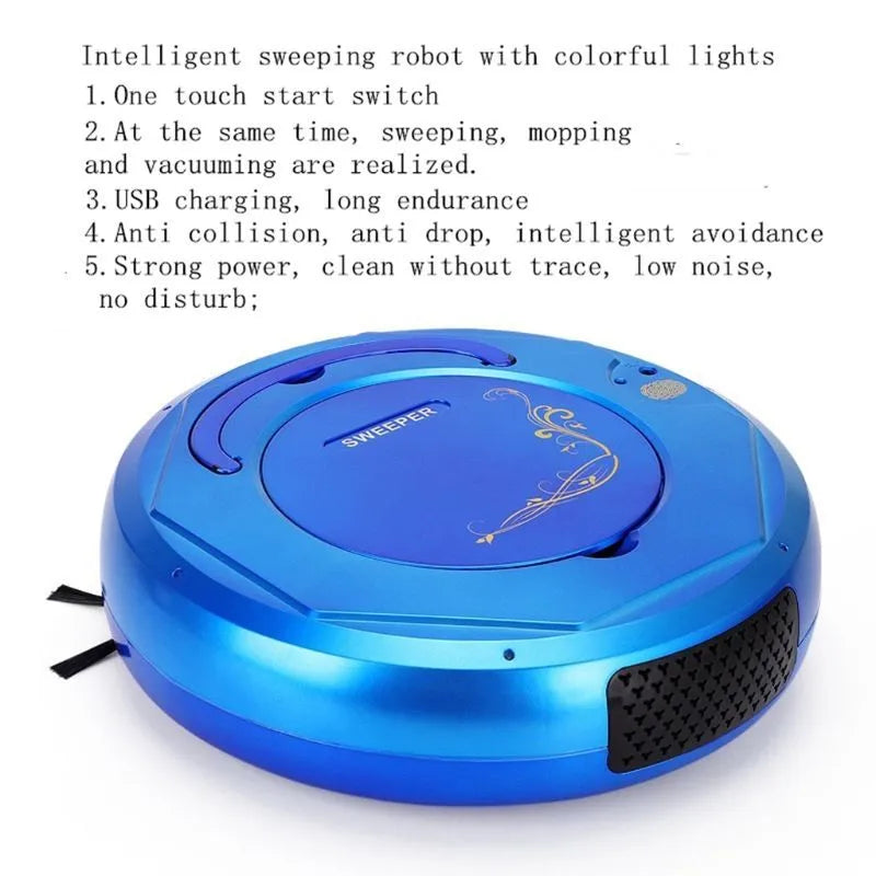 Lazy Smart Vacuum Cleaner floor sweeping robot in blue, black, or white colours with charging cable and accessories
