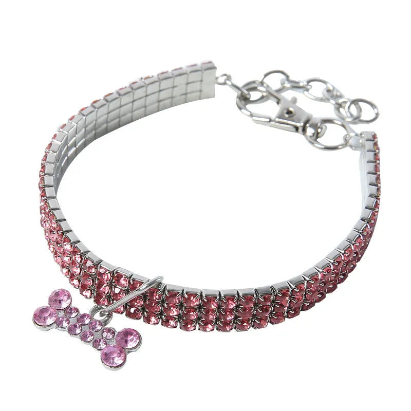 Rhinestone dog collar with crystal pendant in blue, white or pink for small dogs and cats