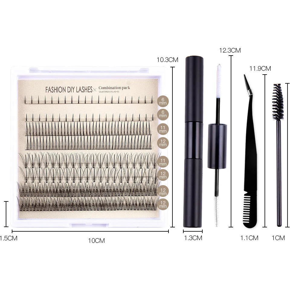Single-cluster false eyelash set with black and pink glue options and application tweezers
