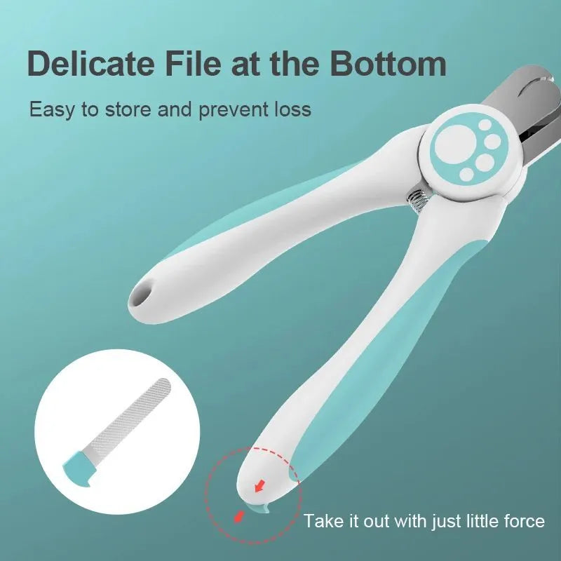 Blue and white pet nail clippers with stainless steel blade and safety lock