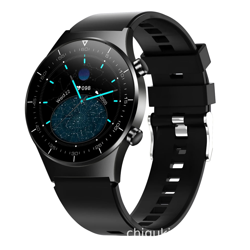 Black smart watch with sports-style astronaut bracelet and 1.3-inch touch screen displaying health metrics