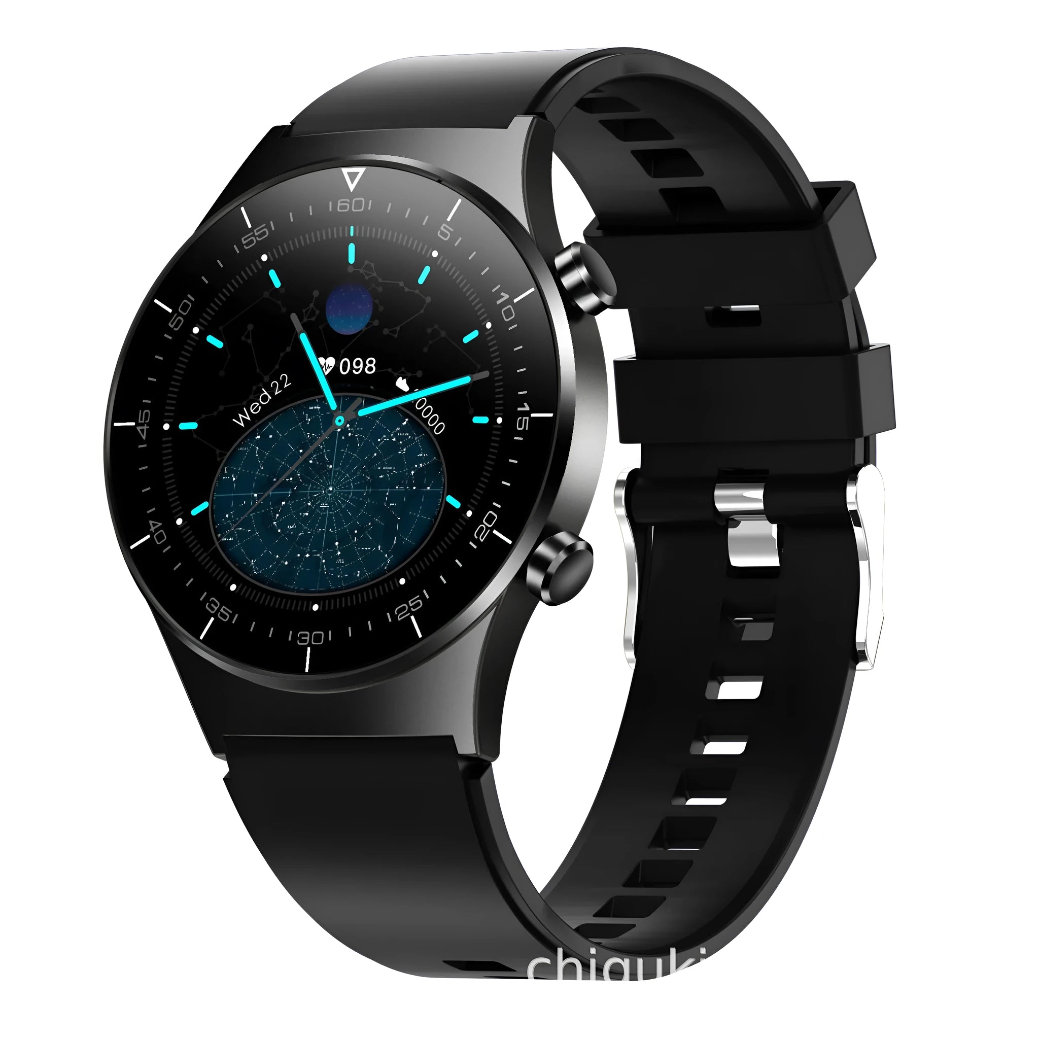 Black smart watch with sports-style astronaut bracelet and 1.3-inch touch screen displaying health metrics