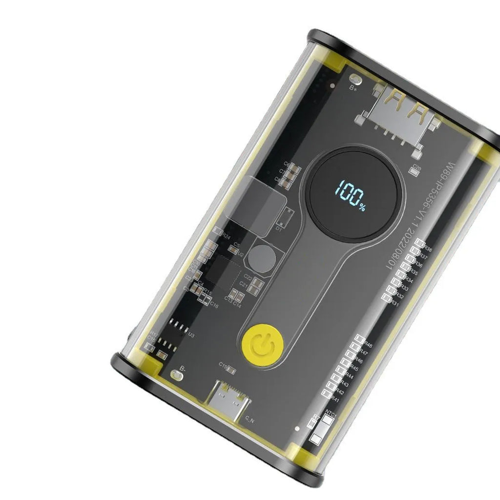 Transparent industrial design power bank showing internal aluminium casing and battery cells