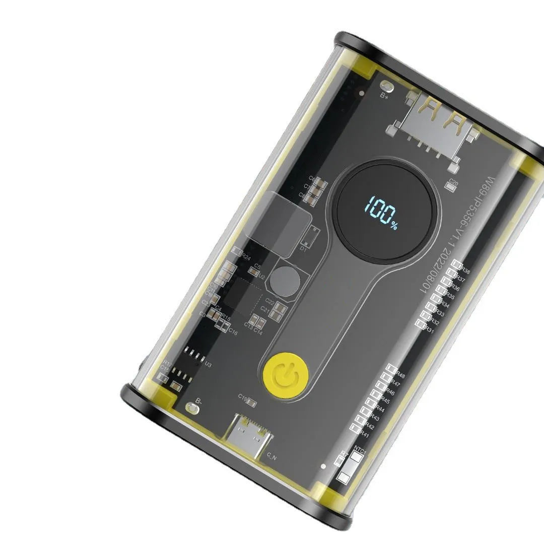 Transparent industrial design power bank showing internal aluminium casing and battery cells