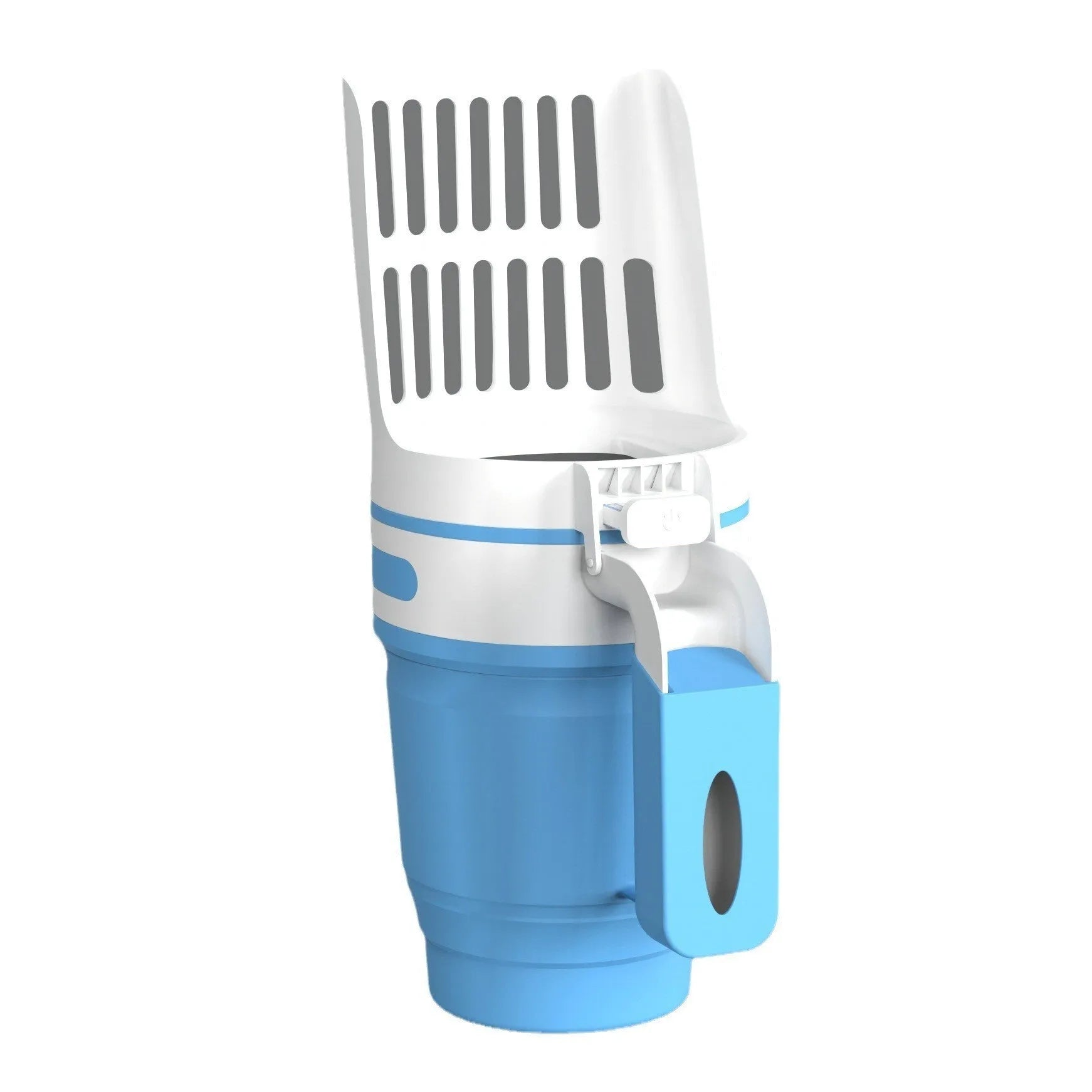 Grey foldable cat litter scooper and waste bin system with a handle and sheltered lid.