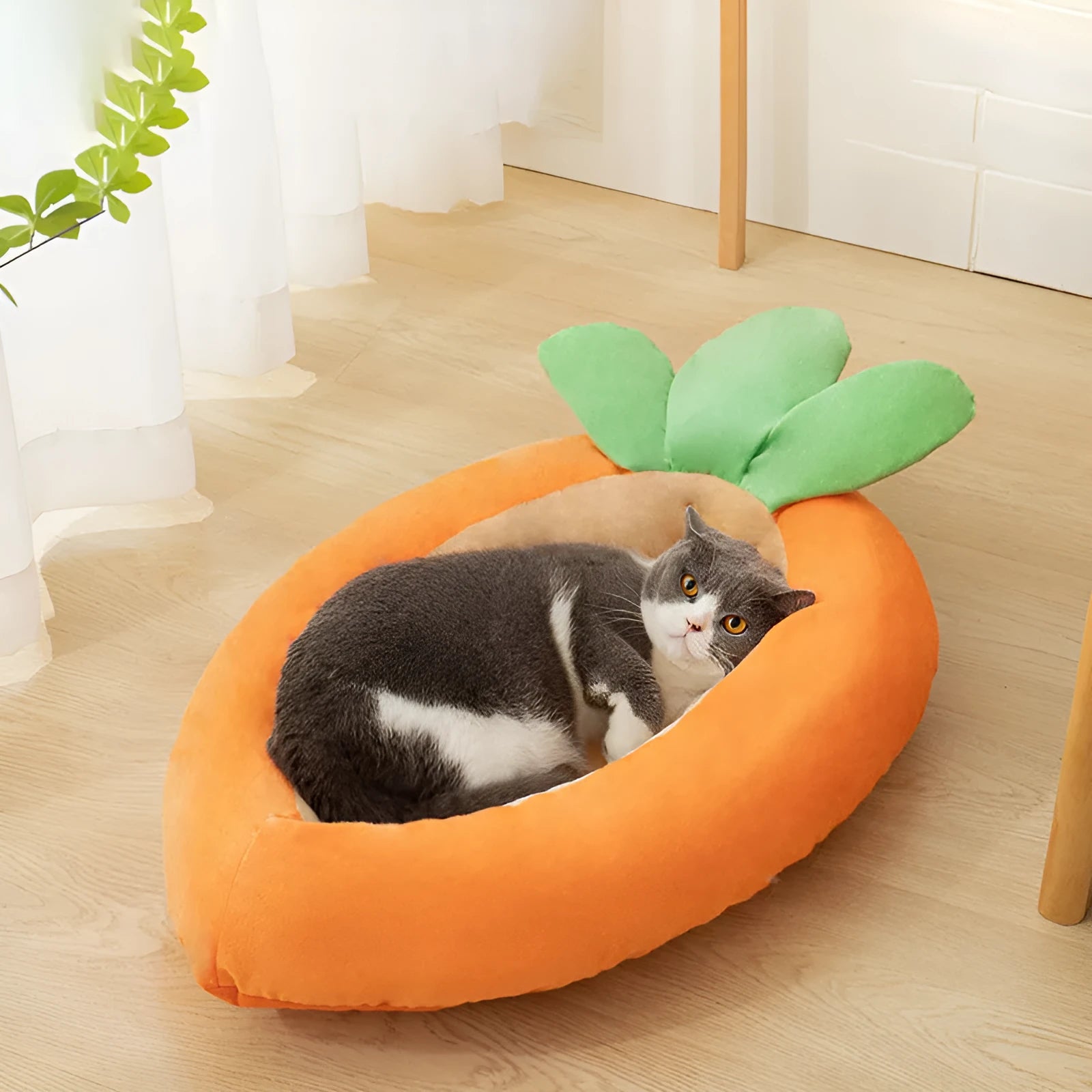 Carrot-shaped nesting dog bed with washable blanket for small or medium-sized pets