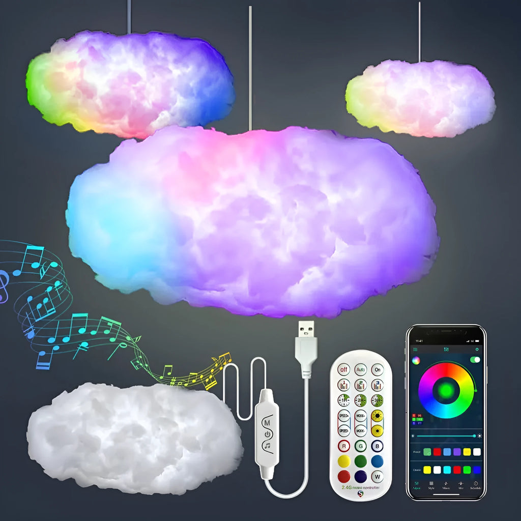 White fabric cloud shaped pendant light with multi-colour LED glow, hanging from a ceiling with a USB cable.