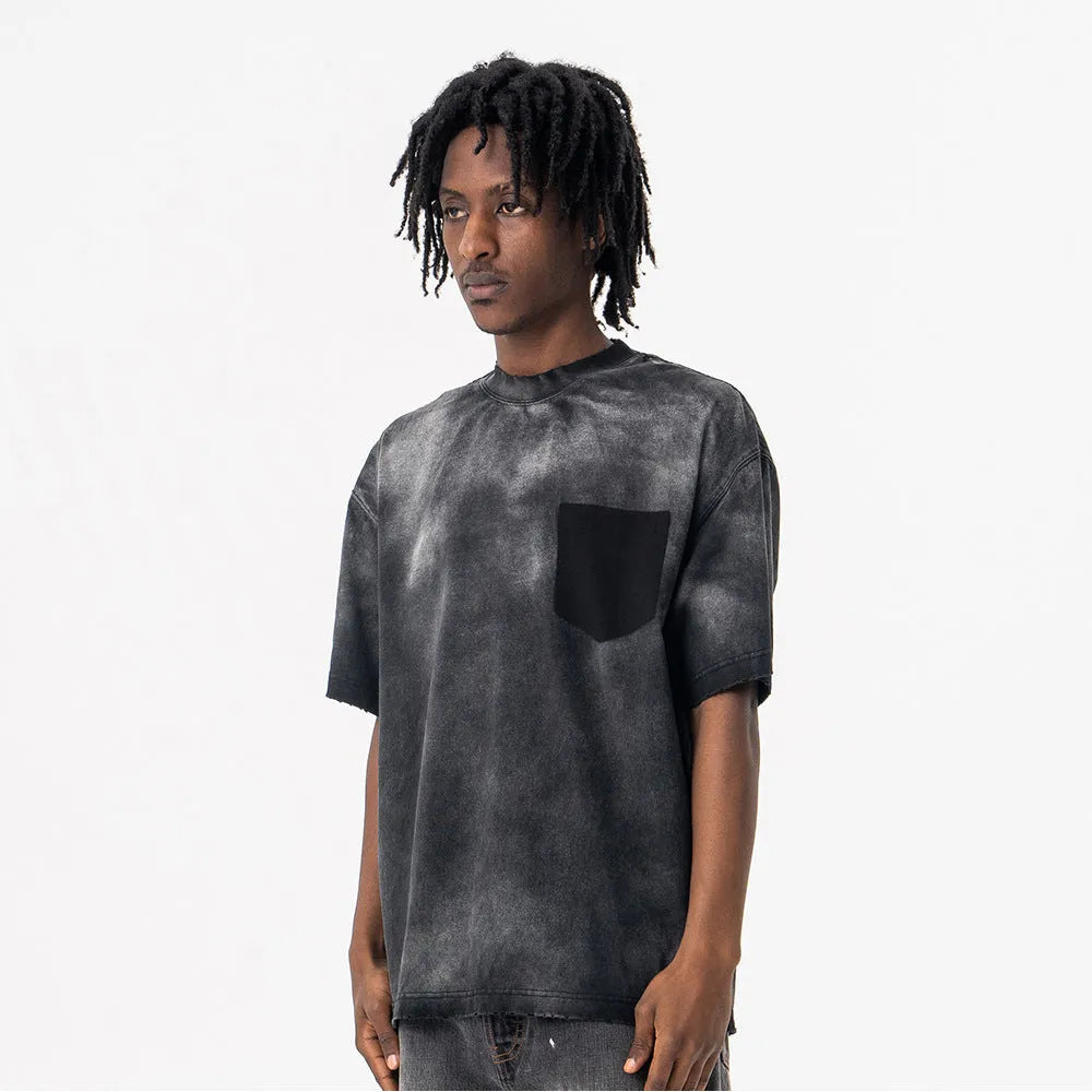 Men's black cotton T-shirt with printed letter pattern and drop-shoulder street fashion design