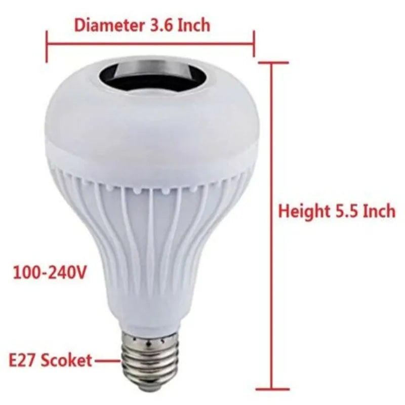 White smart LED bulb with Bluetooth speaker and remote control for multi-colour lighting.