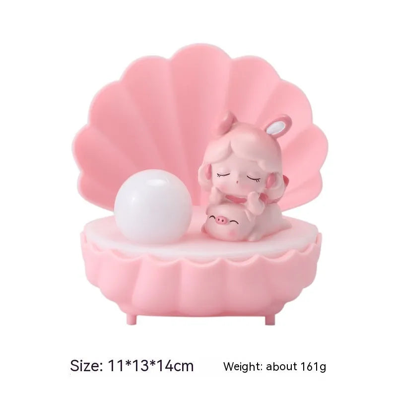 Resin shell star shaped small night lamp with cartoon animal girl design in pink, blue, purple, or yellow.