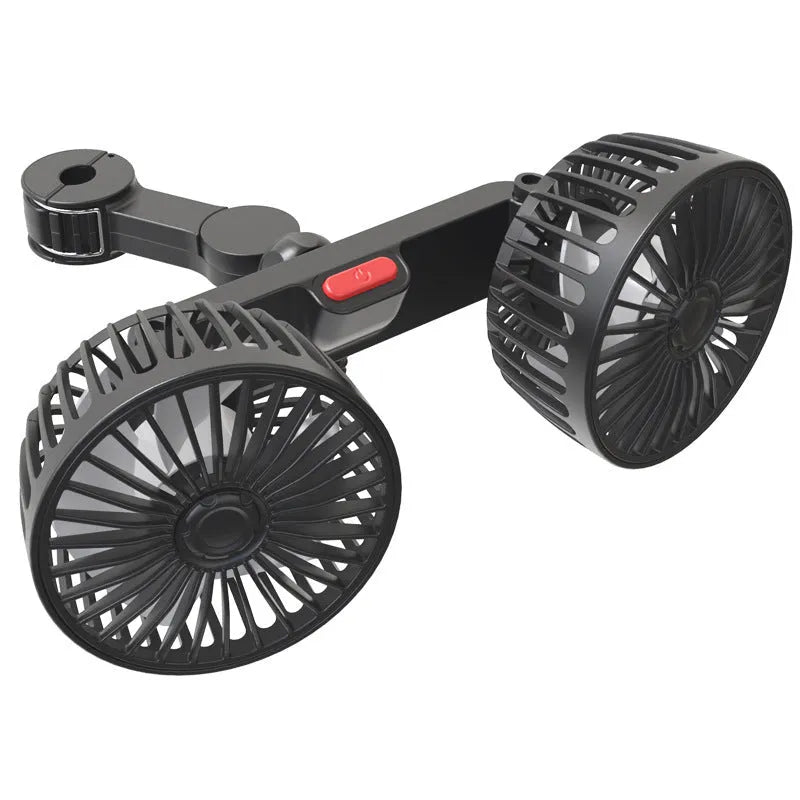 Black car USB fan with adjustable neck mounted on vehicle headrest showing 15cm diameter