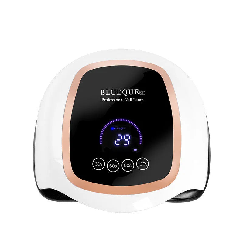 BLUEQUE V3 168W UV LED nail lamp with 42 gold wire beads, 23.5cm x 20cm x 8cm ABS plastic body, EU or US plug.