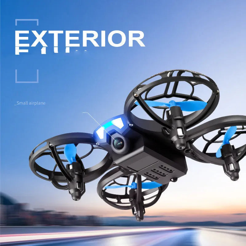 Blue V8 mini RC quadcopter drone with camera, remote control, and modular battery