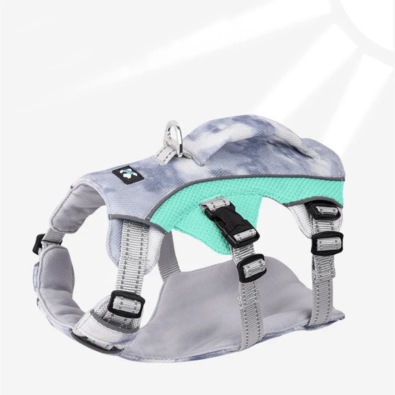 Reflective pet cooling chest strap in light blue with adjustable buckles and D-ring