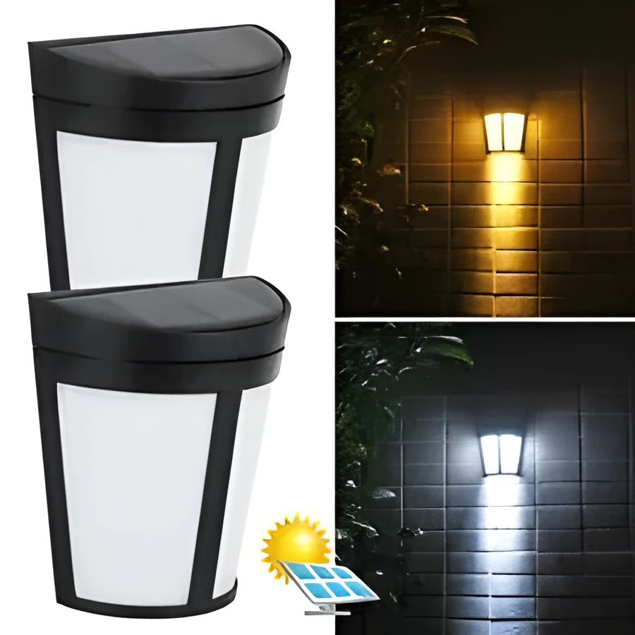 Solar wall lamp with 6 LED lights and IP65 waterproof rating for outdoor garden and courtyard lighting