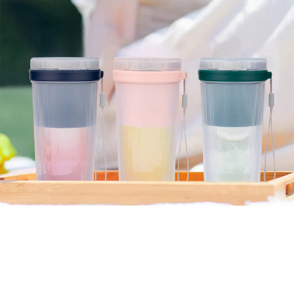 Blue portable blender electric juicer cup with USB cable, dimensions 7x7x19.5cm, 300ml capacity