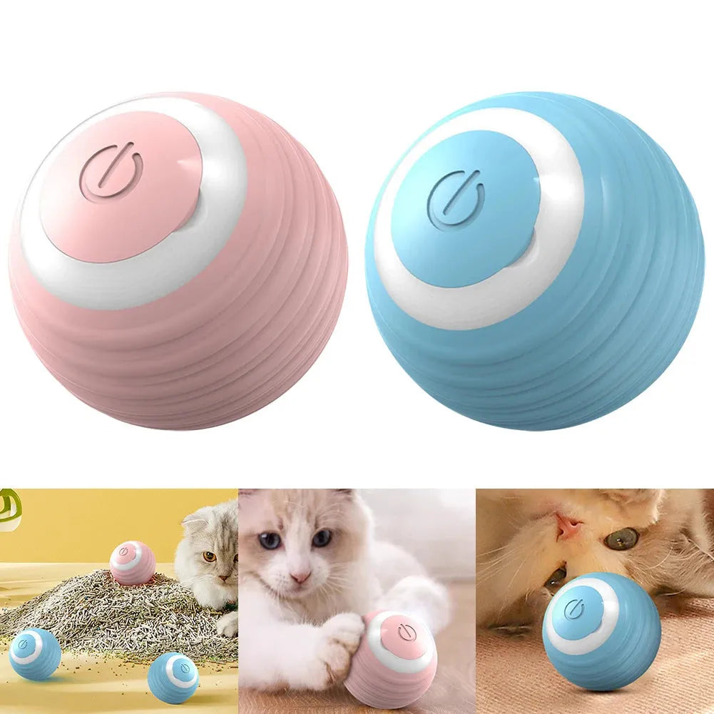 Blue automatic moving cat toy ball with rechargeable battery bouncing on floor
