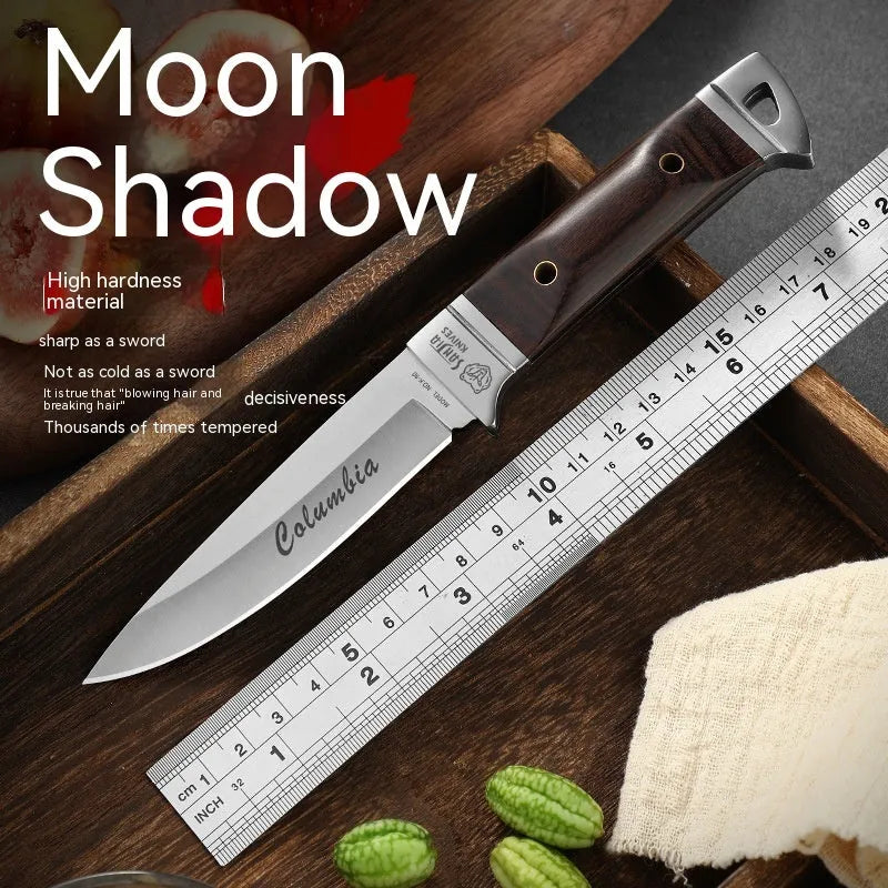 Camping portable fruit knife with stainless steel blade and national style leather case for outdoor use