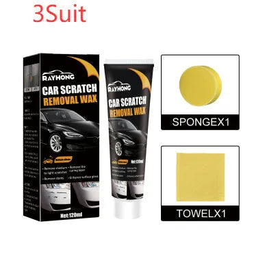 Car paint scratch repair wax kit showing 120ml tube, application sponge, and buffing towel on a clean surface.