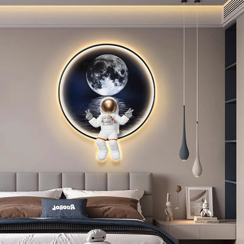 Spaceman-themed canvas wall painting for children's rooms, available with optional integrated USB LED bedside lighting.