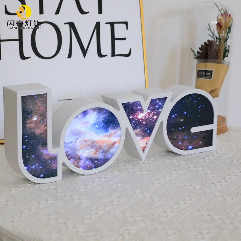 Valentine's Day LED LOVE light with rainbow-style plastic shade, measuring 35.5cm, for romantic room decor