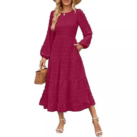 Autumn long sleeve dress with ruffled sleeves and high waist in beige colour, casual round neck design
