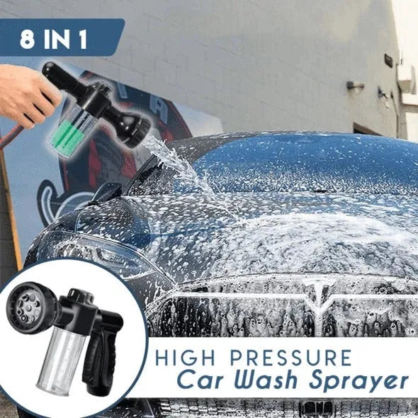 Green high-pressure foam spray gun with adjustable nozzle for car washing and household cleaning, showing eight spray types and 15cm by 21cm size