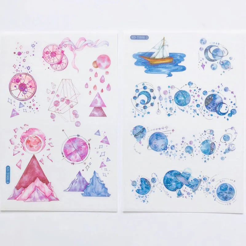 Abu Sticker set with fantasy stars design on Japanese paper, showing 10.5 by 14.1 cm size.