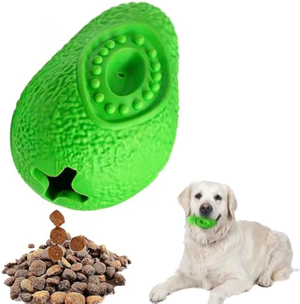 Green avocado-shaped rubber dog chew toy for aggressive chewers, showing uneven surface design