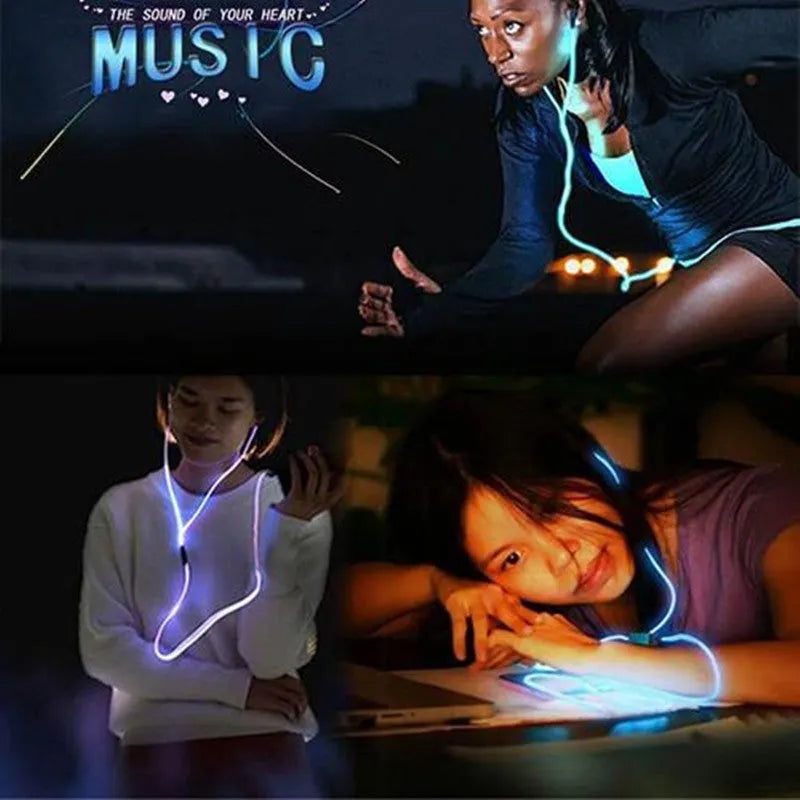 Magic Light LED earphones with aluminium alloy shells showing blue EL illumination around earpieces
