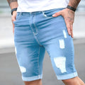 Sky blue men's denim shorts with manual distressing and multi-hole detailing on straight-leg cut