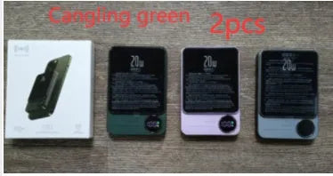 MagSafe magnetic wireless power bank for iPhone 14 in purple, showing slim profile and square aluminium alloy design.