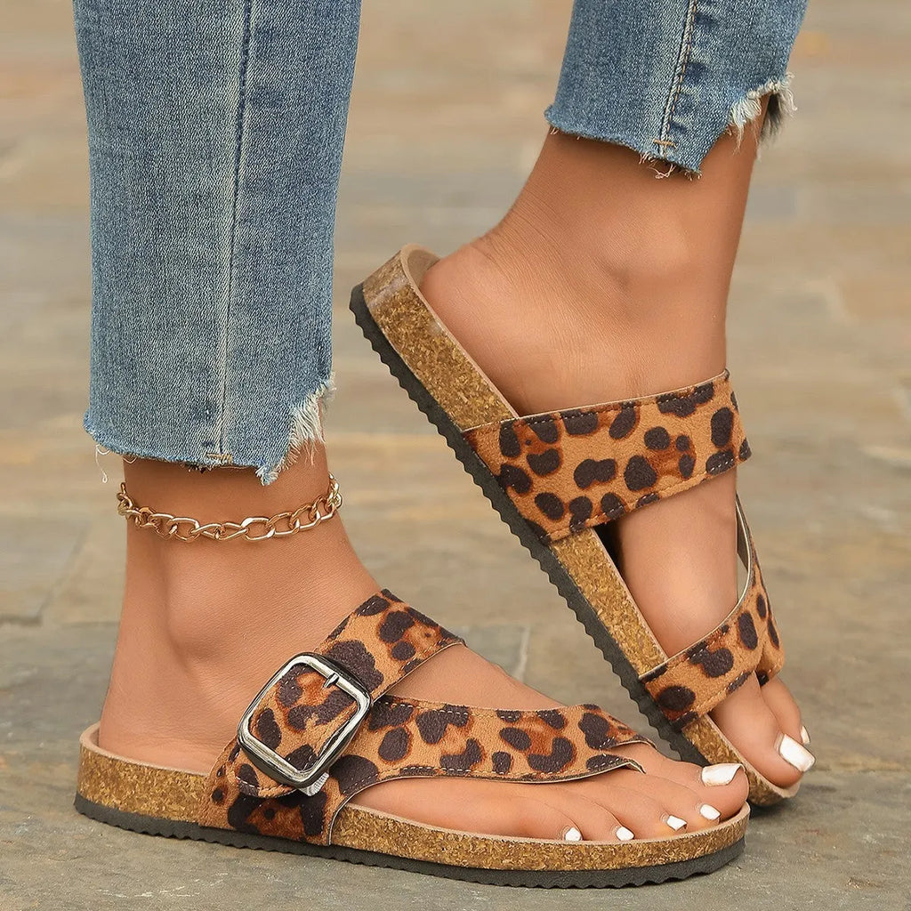 Leopard print Roman style slippers with covering toe design and wooden sole
