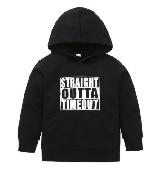 Boy's black hooded sweater with white letter pattern, long sleeves, and pullover neck.