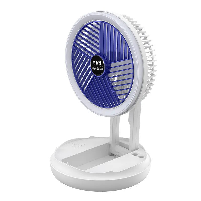 Blue foldable table fan with LED light showing 300° rotation angle and Type-C charging port