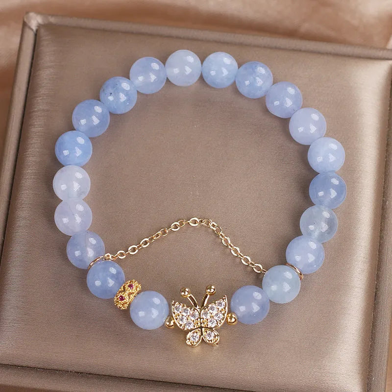 Sky blue butterfly crystal bracelet for women with pearls and rhinestones