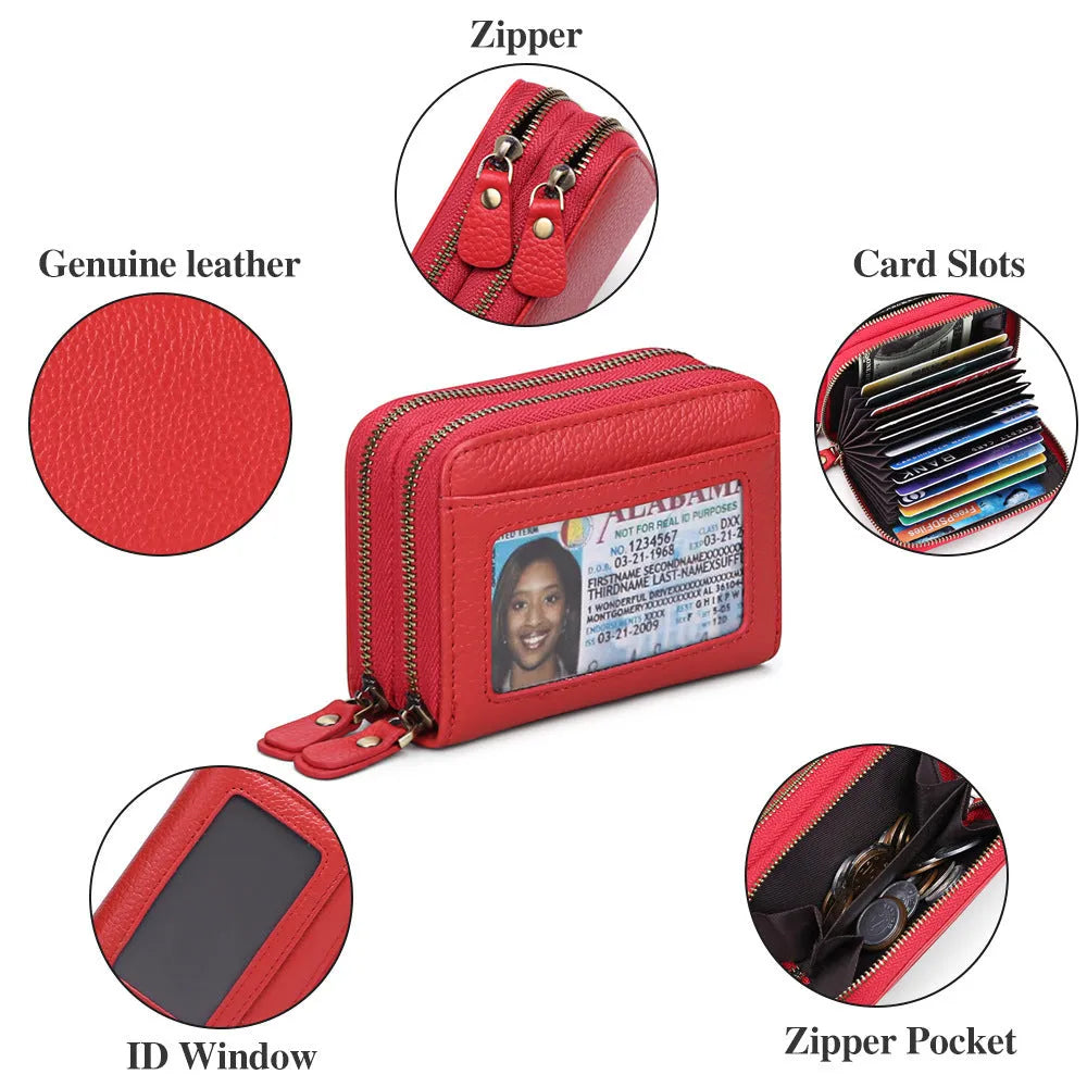 Genuine cowhide leather expanding card holder wallet with anti-theft card slots