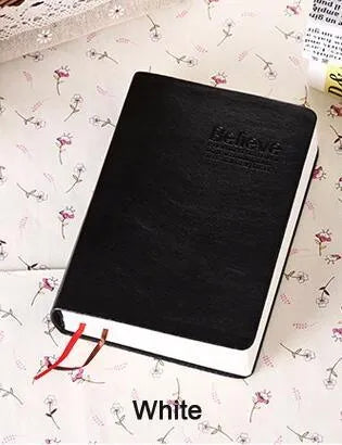 Large thick leather notebook 17 x 12 cm with 480 pages and gold or white cover.