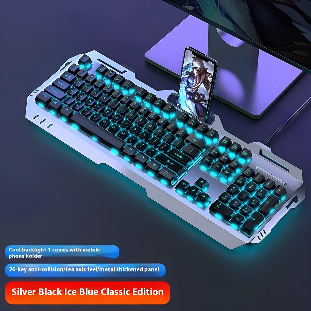 Aluminium alloy mechanical keyboard with programmable control knob in metal grey with rainbow backlighting