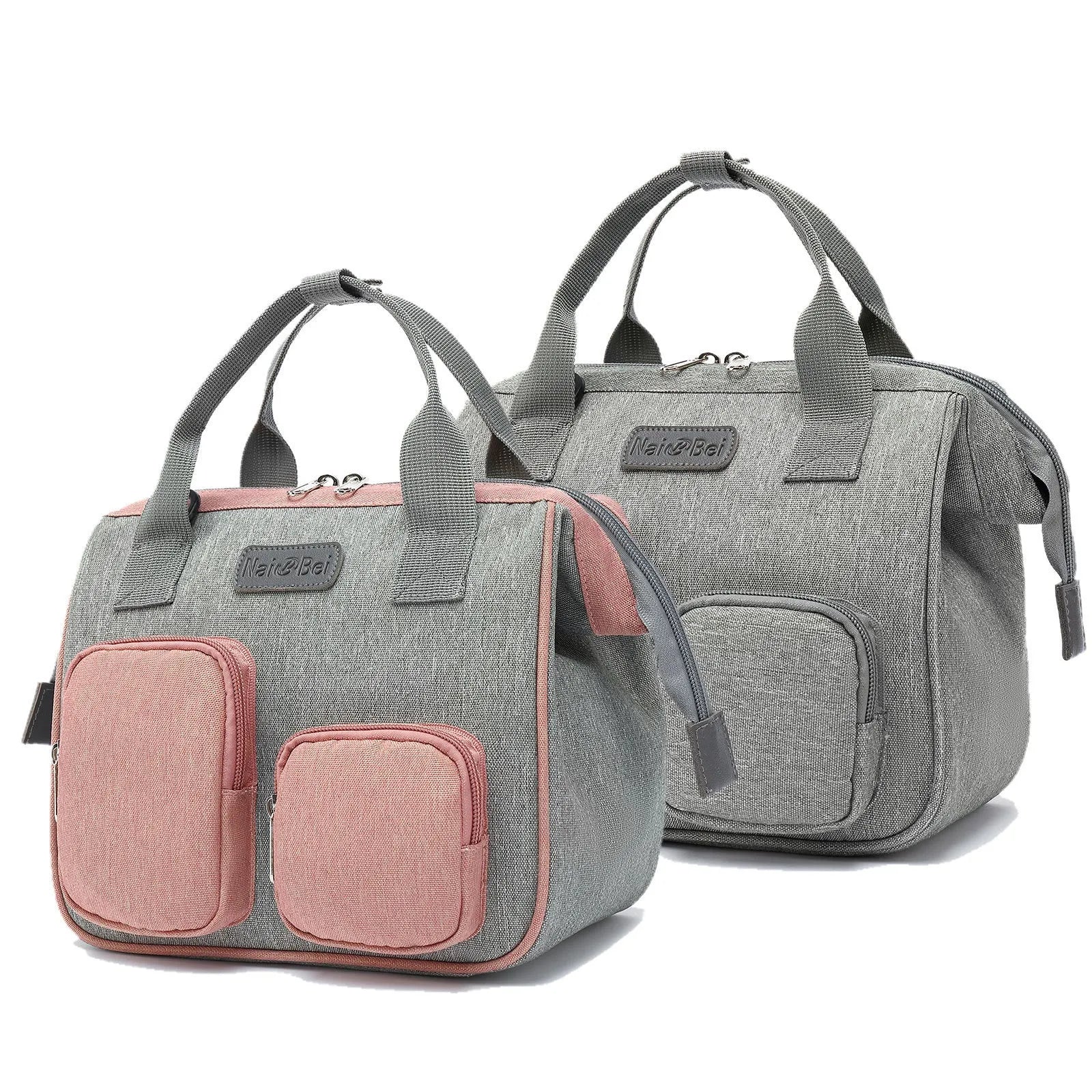 Pink grey waterproof Oxford cloth women's crossbody handbag showing external pocket and large main compartment.