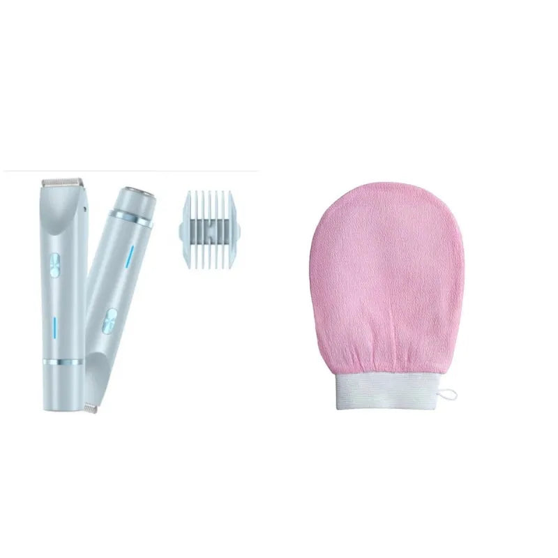 Pink women's electric razor and trimmer with two heads, USB cable, and brush on a white background.