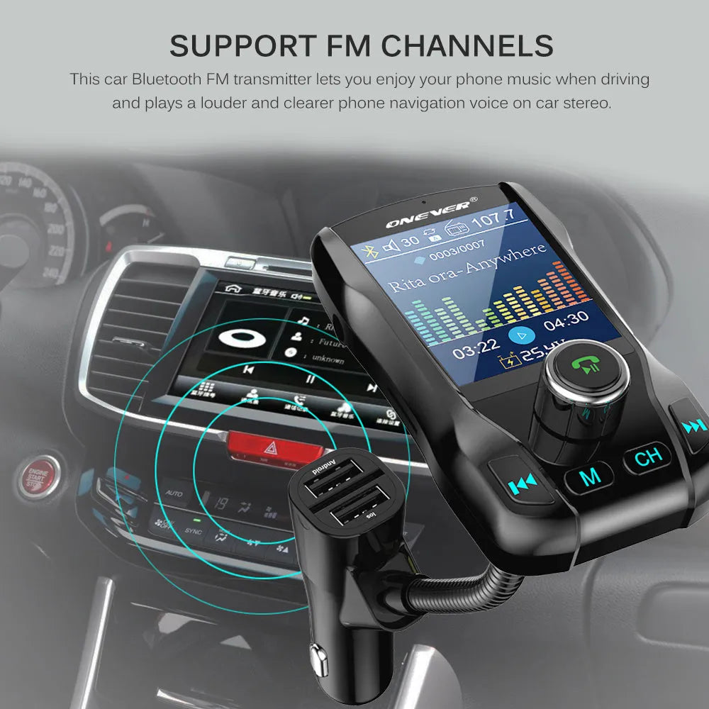 Car Bluetooth FM transmitter with colour screen plugged into car cigarette lighter