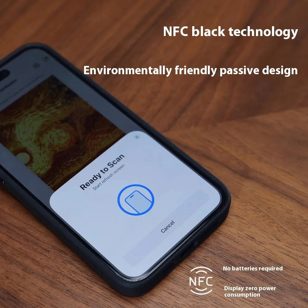 NFC projection screen phone case with four-colour E-ink display and integrated bracket for iPhone.